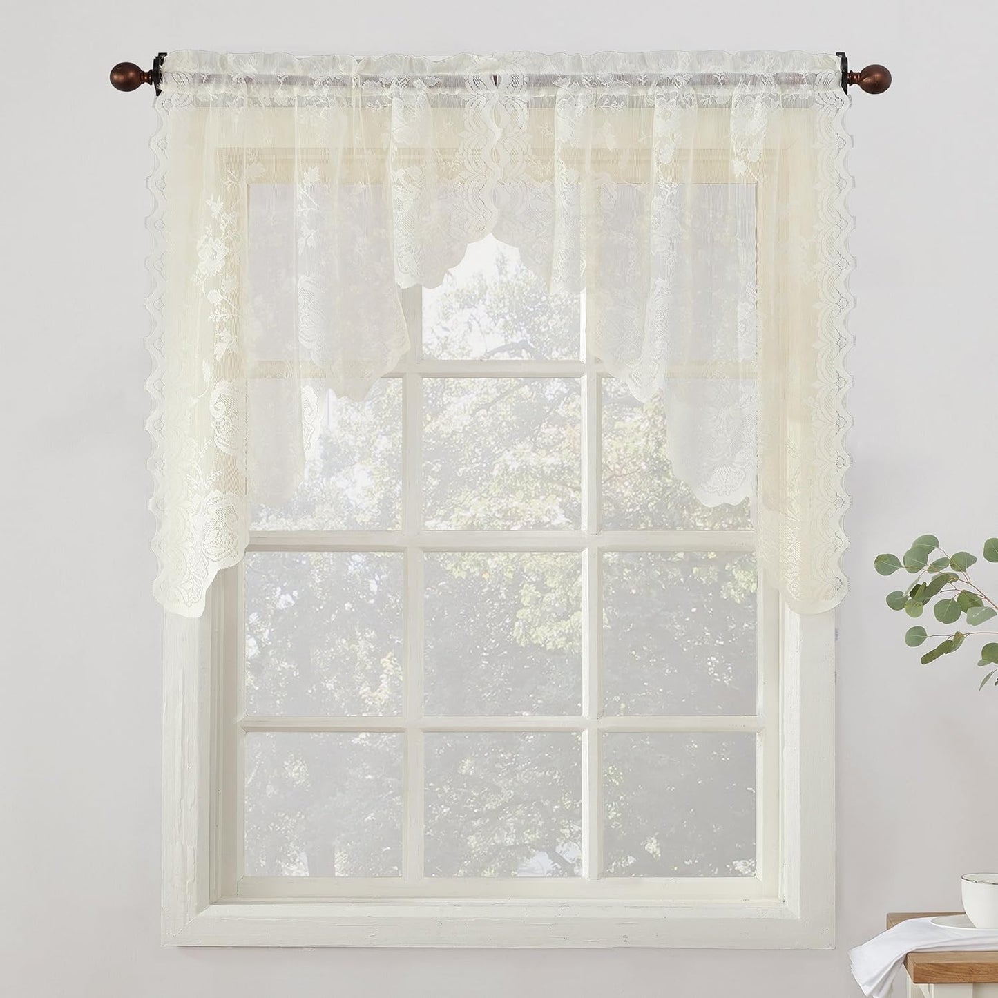 No. 918 Alison Floral Lace Sheer Rod Pocket Kitchen Curtain Valance, 58" X 14", White  No. 918 Ivory Kitchen Swag Pair 58" X 38"