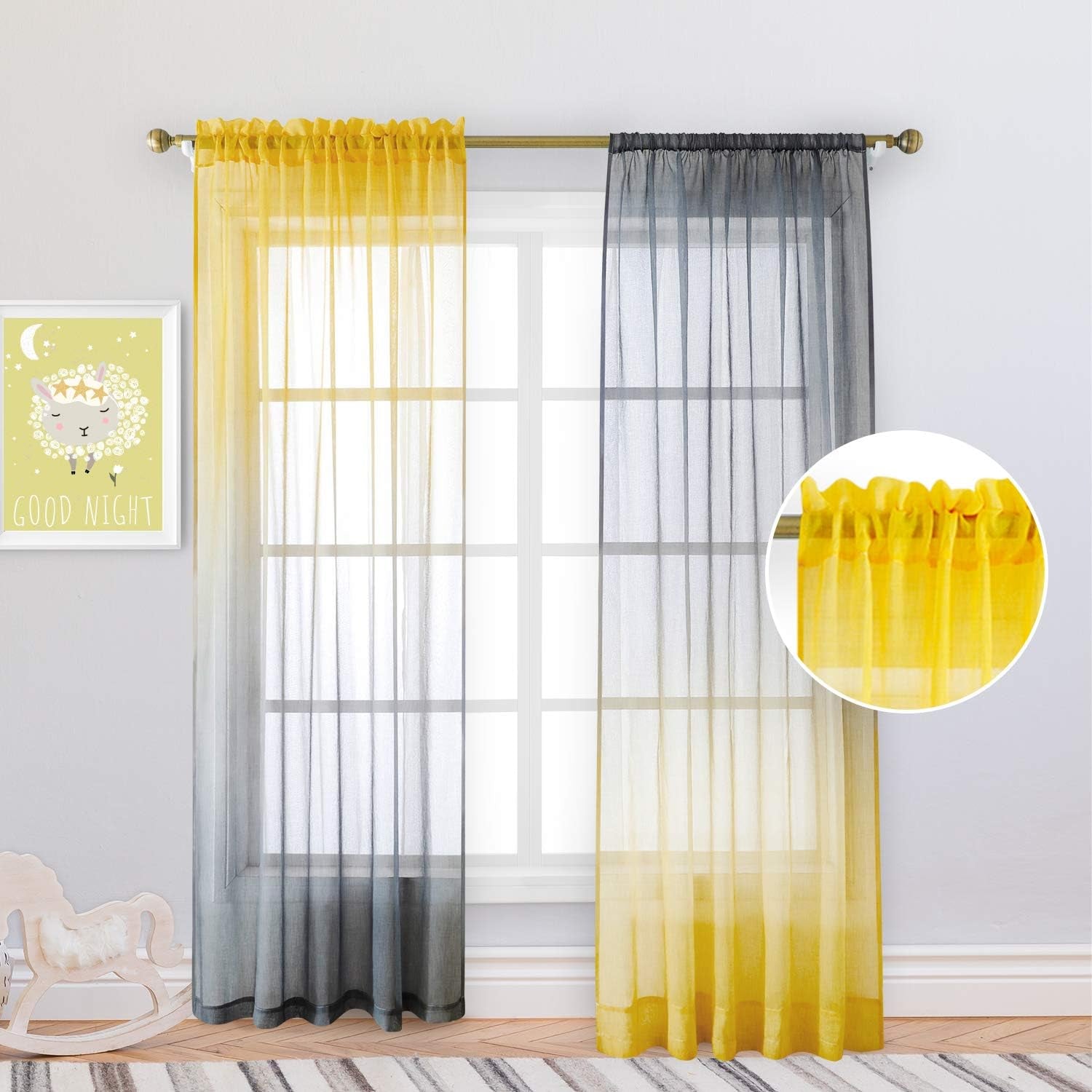 HOMEIDEAS 2 Panels Yellow and Grey Sheer Curtains for Girls Bedroom 52 X 84 Inch, Ombre Linen Curtains Rod Pocket Drapes for Nursery Kids Window and Living Room  HOMEIDEAS   