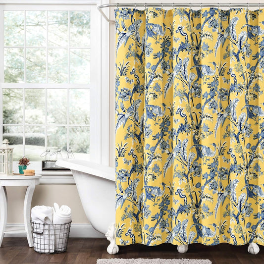 Lush Decor Dolores Shower Curtain,72" W X 72" L, Yellow - Toile Shower Curtain - Bold Blue and Yellow Shower Curtain - Bird & Floral Print - Maximalist & French Country Bathroom Decor