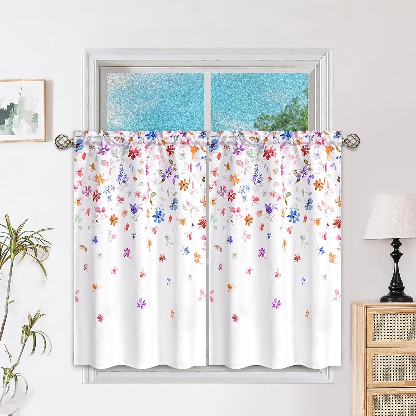 FRAMICS Floral Window Curtains for Living Room Floral Curtains 63 Inch Length 2 Panels Colorful Flowers Curtains for Bedroom Light Filtering Rod Pocket Curtains, 52" W X 63" L  FRAMICS White 26"W X 36"L 
