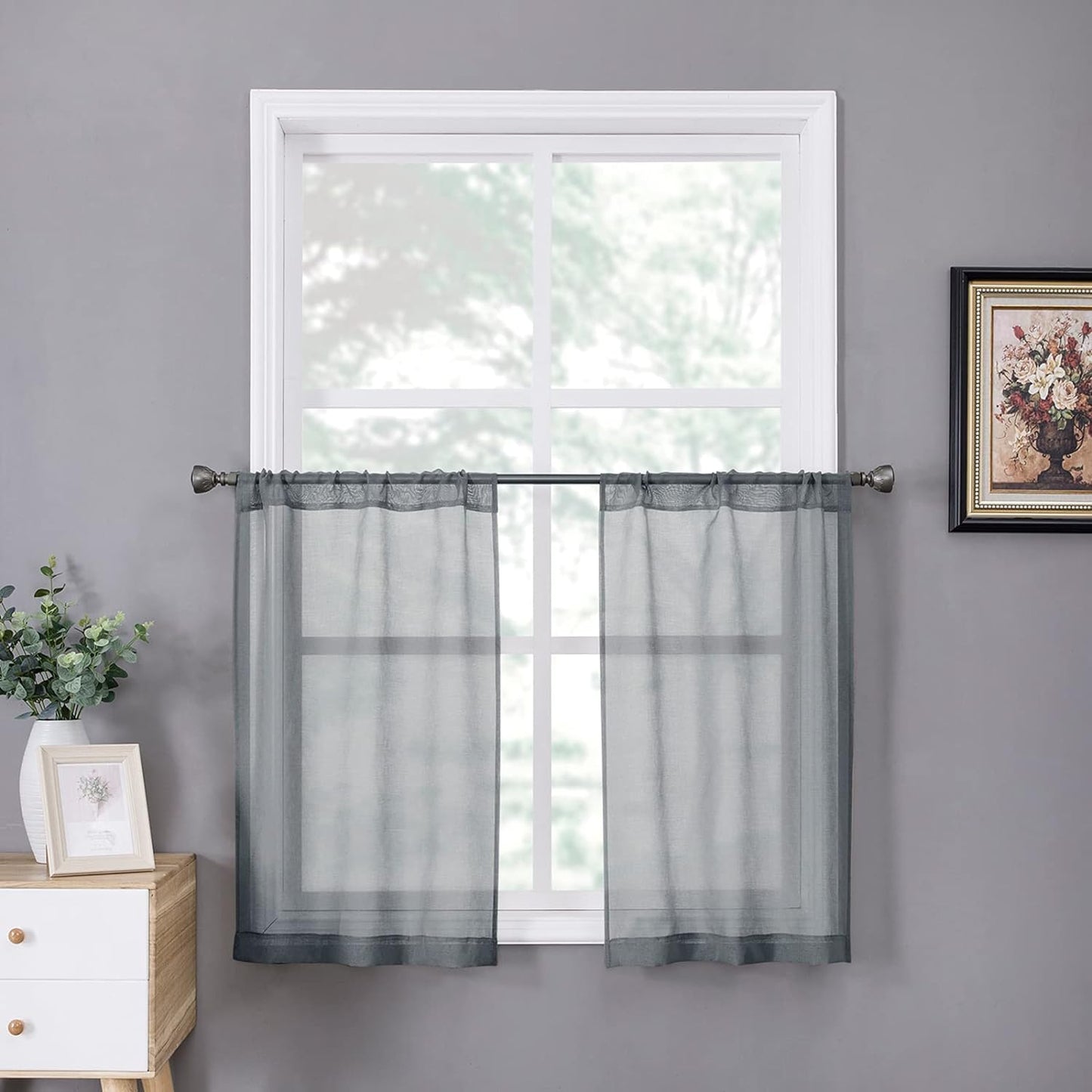 Tollpiz Short Sheer Curtains Linen Textured Bedroom Curtain Sheers Light Filtering Rod Pocket Voile Curtains for Living Room, 54 X 45 Inches Long, White, Set of 2 Panels  Tollpiz Tex Dark Grey 25"W X 24"L 