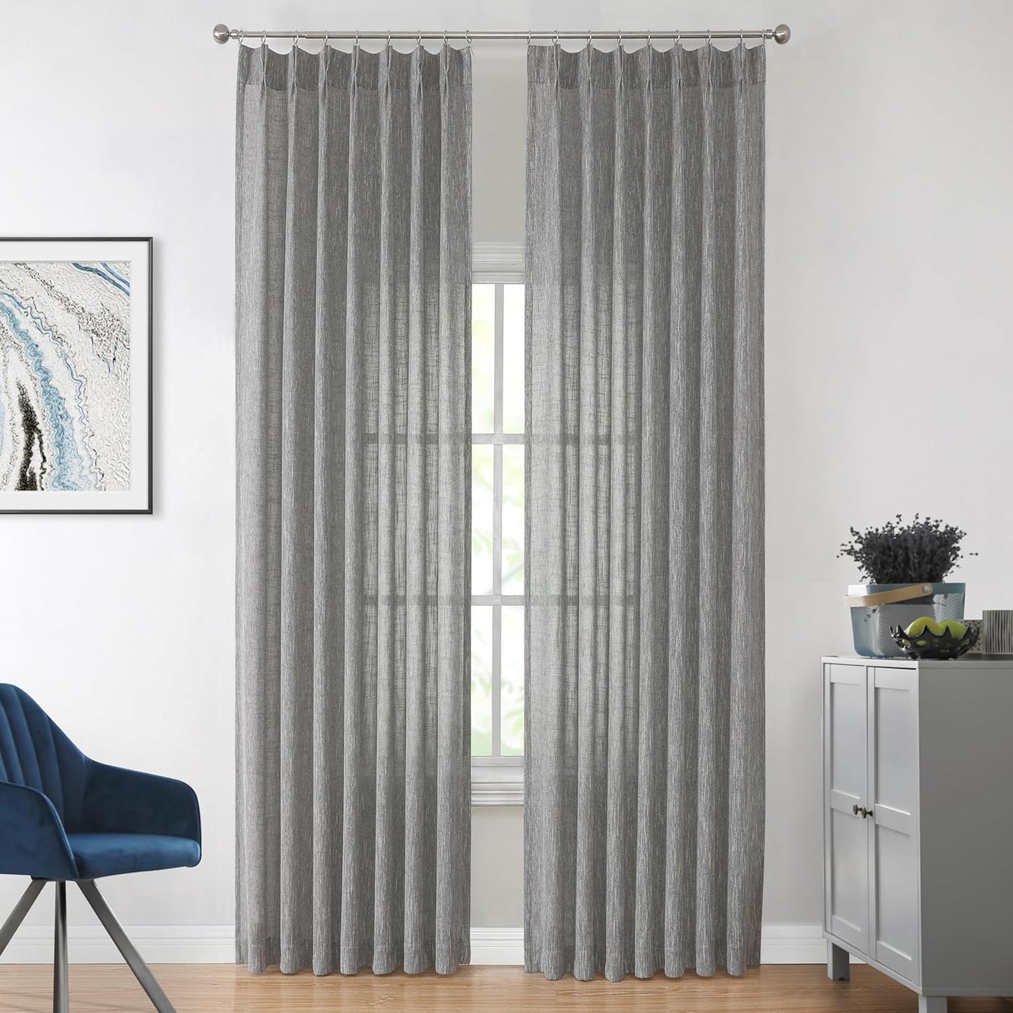 Vision Home Natural Pinch Pleated Semi Sheer Curtains Textured Linen Blended Light Filtering Window Curtains 84 Inch for Living Room Bedroom Pinch Pleat Drapes with Hooks 2 Panels 42" Wx84 L  Vision Home Charcoal Grey/Pinch 40"X108"X2 