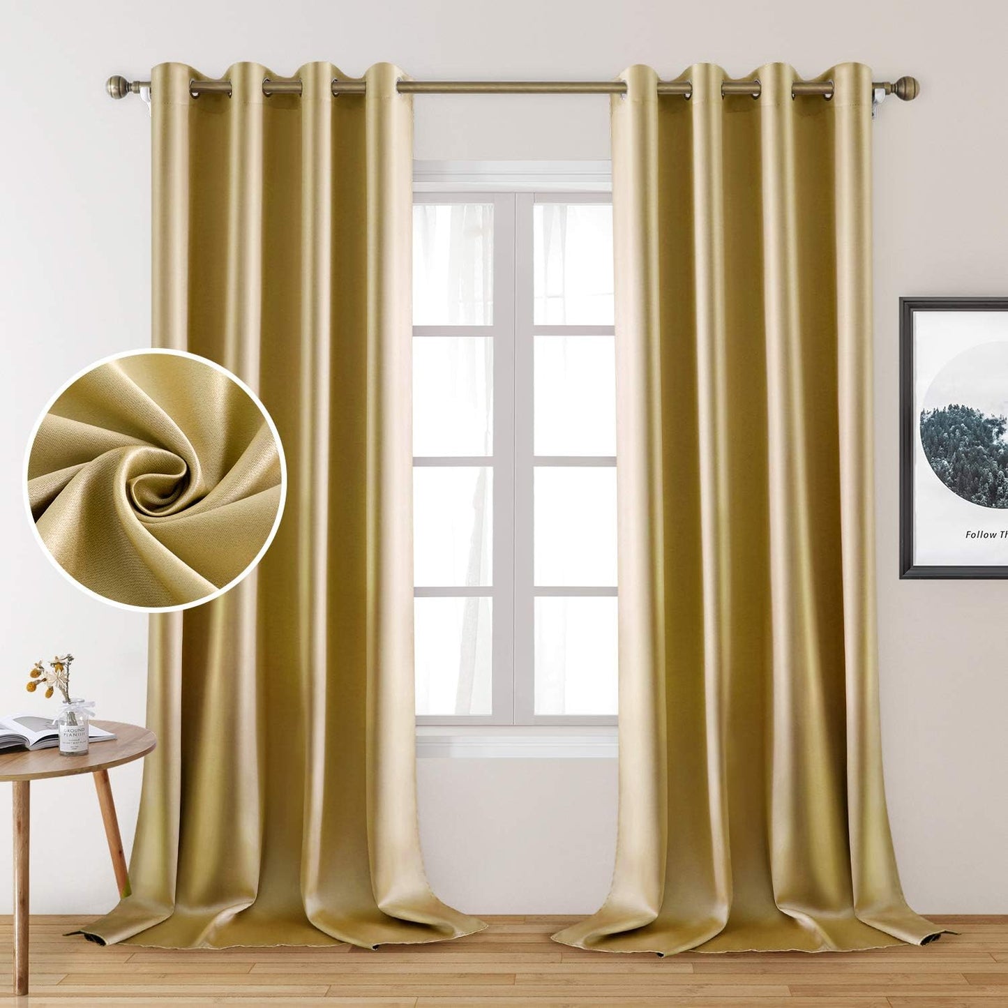 HOMEIDEAS Gold Blackout Curtains, Faux Silk for Bedroom 52 X 84 Inch Room Darkening Satin Thermal Insulated Drapes for Window, Indoor, Living Room, 2 Panels  HOMEIDEAS Gold 52" X 108" 