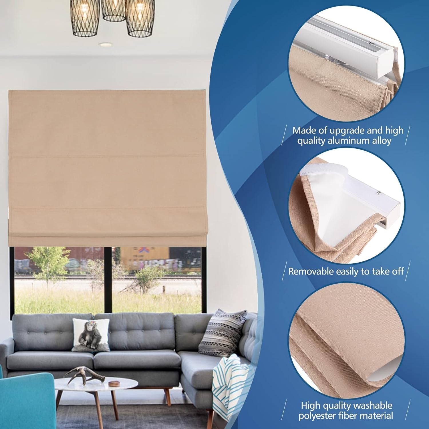 Cordless Roman Shades for Windows, Blackout Room Darkening Roman Blinds, Thermal Insulated Window Blinds Treatment, Washable Roman Blind for Living Room, Bedroom, Kitchen, 39" X 64", Beige