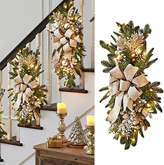 Light up Christmas Swag Wreath 2024 -Cordless Prelit Stairway Swag Trim -Christmas Swag Wreaths for Front Door Wall Window -Hanging Stair Teardrop Swag Garlands -Hanging Ornament Decor 1Pcs (Gold)