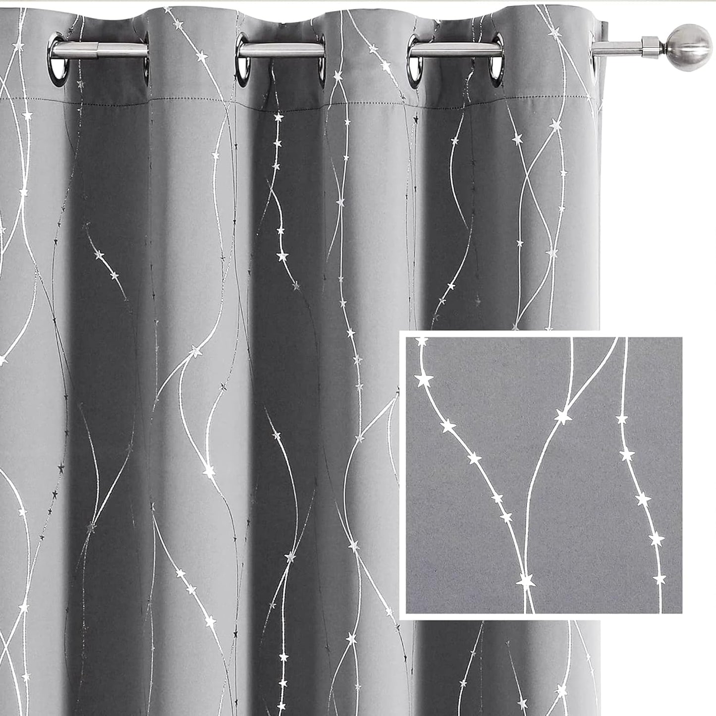 SMILE WEAVER Black Blackout Curtains for Bedroom 72 Inch Long 2 Panels,Room Darkening Curtain with Gold Print Design Noise Reducing Thermal Insulated Window Treatment Drapes for Living Room  SMILE WEAVER Light Grey Silver 52Wx63L 
