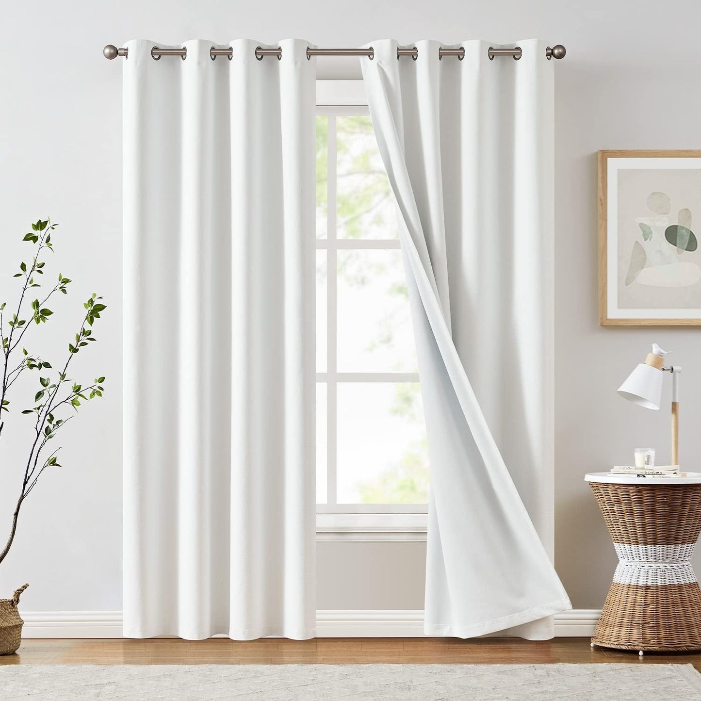 JINCHAN 100% Blackout Curtains for Bedroom, 90 Inch Length Linen Textured Drapes for Living Room, Thermal Insulated Full Light Blocking Curtains, Grommet Top Window Treatments 2 Panels Heathered White  CKNY HOME FASHION Textured | Off White W50 X L90 