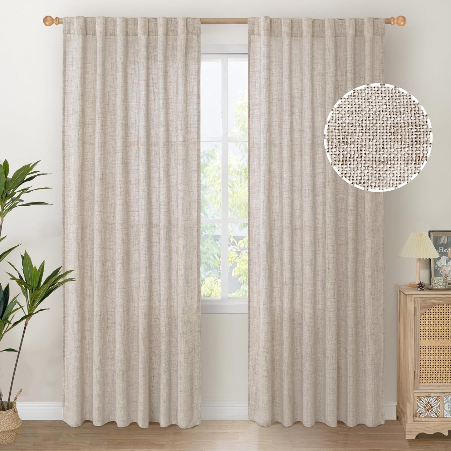 Youngstex Natural Linen Curtains 72 Inch Length 2 Panels for Living Room Light Filtering Textured Window Drapes for Bedroom Dining Office Back Tab Rod Pocket, 52 X 72 Inch  YoungsTex Natural 52W X 84L 