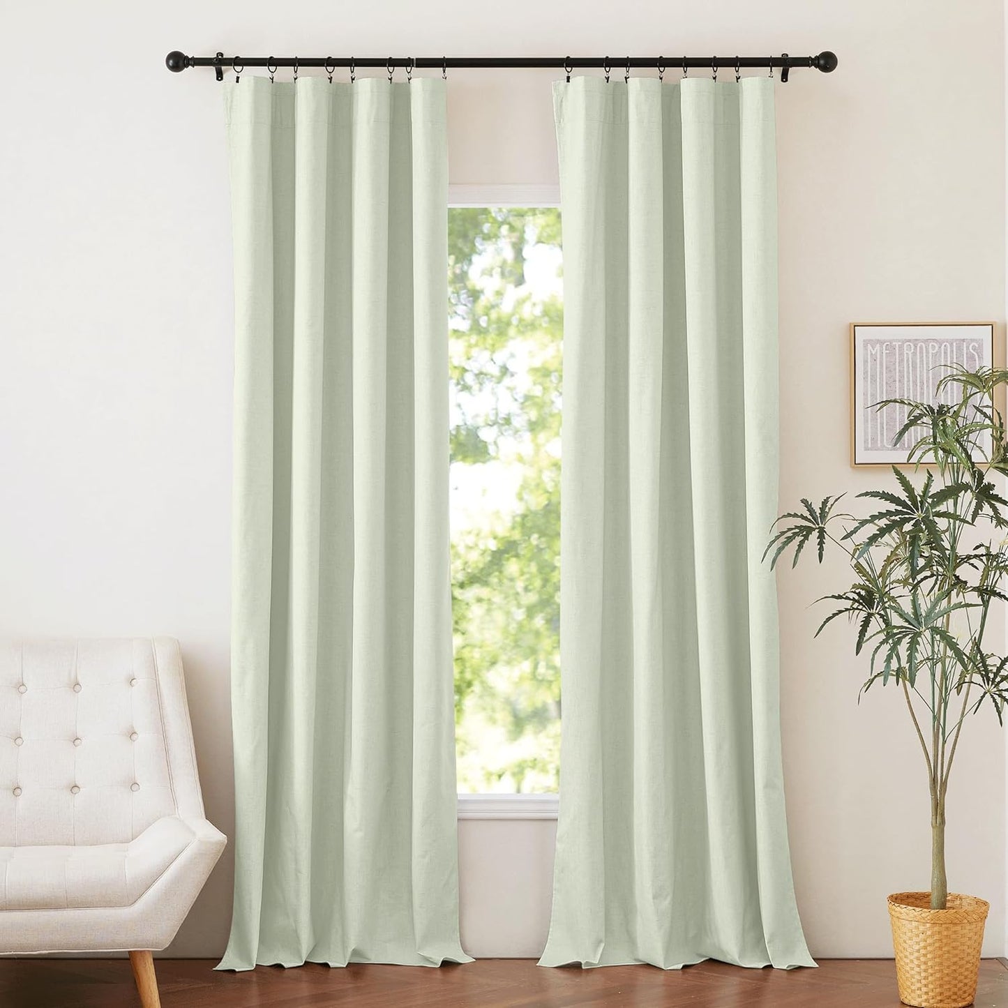 NICETOWN 100% Blackout Natural Linen Bedroom Curtains 52" Width by 95" Length 2 Panels with Thermal Insulated Liners, Farmhouse Style Keep Warm Dual Rod Pocket Window Draperies for Living Room  NICETOWN Sage Green W52 X L90 