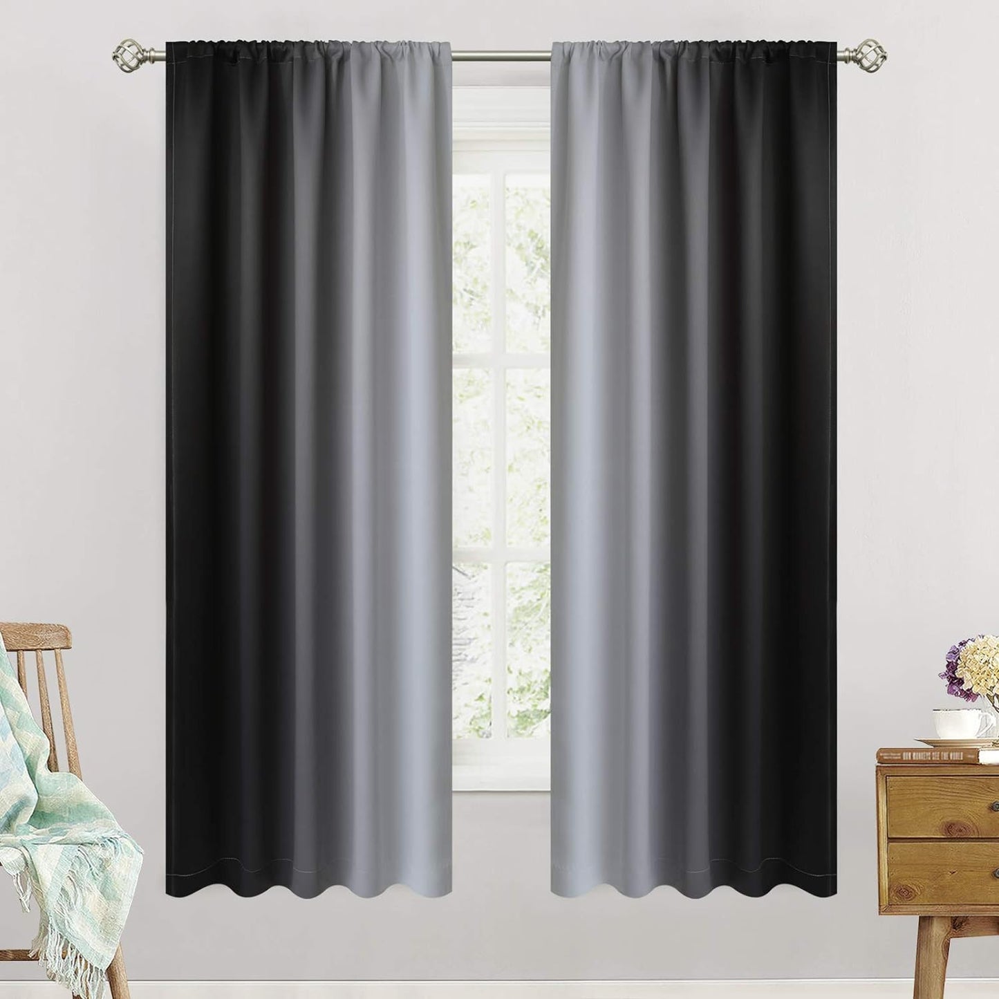 Simplehome Ombre Room Darkening Curtains for Bedroom, Light Blocking Gradient Purple to Greyish White Thermal Insulated Rod Pocket Window Curtains Drapes for Living Room,2 Panels, 52X84 Inches Length  SimpleHome Black 52W X 63L / 2 Panels 