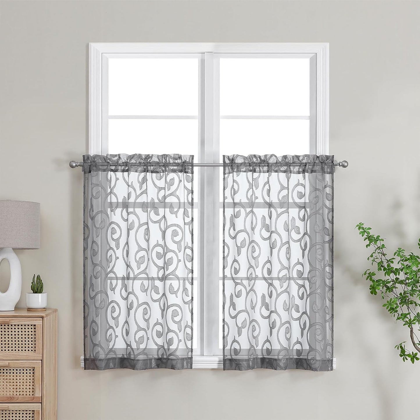 OWENIE Furman Sheer White Curtains 84 Inches Long for Bedroom Living Room 2 Panels Set, White Curtains Jacquard Clip Light Filtering Semi Sheer Curtain Transparent Rod Pocket Window Drapes, 2 Pcs  OWENIE Charcoal Gray 26W X 36L 