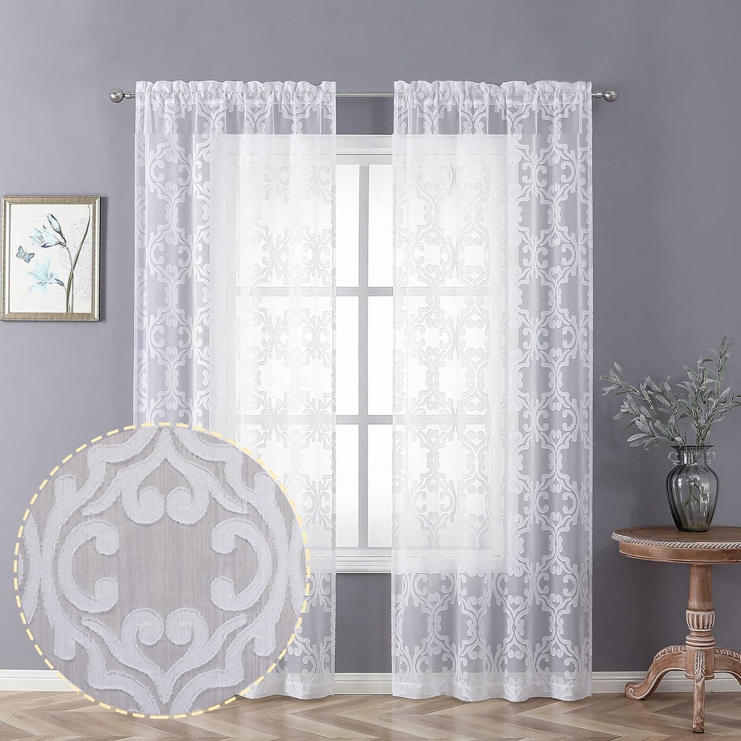Aiyufeng Suri 2 Panels Sheer Sage Green Curtains 63 Inches Long, Light & Airy Privacy Textured Sheer Drapes, Dual Rod Pocket Voile Clipped Floral Luxury Panels for Bedroom Living Room, 42 X 63 Inch  Aiyufeng White 2X42X72" 
