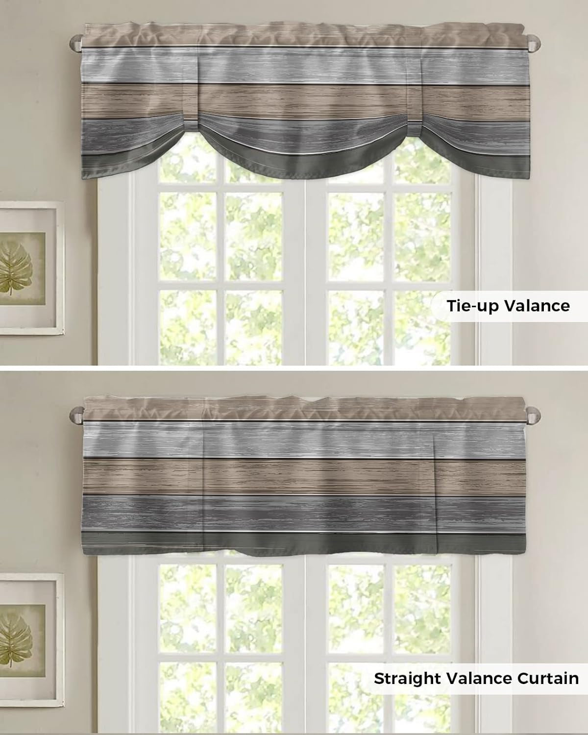 Brown and Gray Tie up Valance Curtains, Vintage Farmhouse Rustic Gradient Retro Wood Grain Window Valance for Kitchen Cafe Bathroom Rod Pocket Window Treatment Valances 54 X 18Inch, 1 Panel