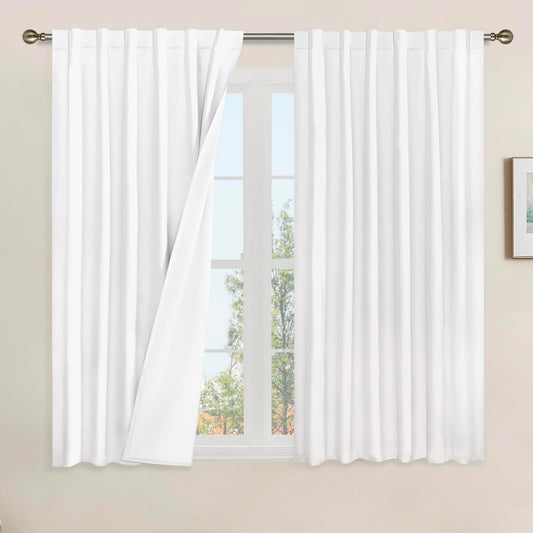 LAMIT Linen Full Blackout Window Curtains for Bedroom, 54 Inches Thermal Farmhouse Curtains Back Tab and Rod Pocket Privacy Protected Burlap Panels with White Liner, 2 Panels, 52 X 54 Inch, White  LAMIT White 52W X 45L 