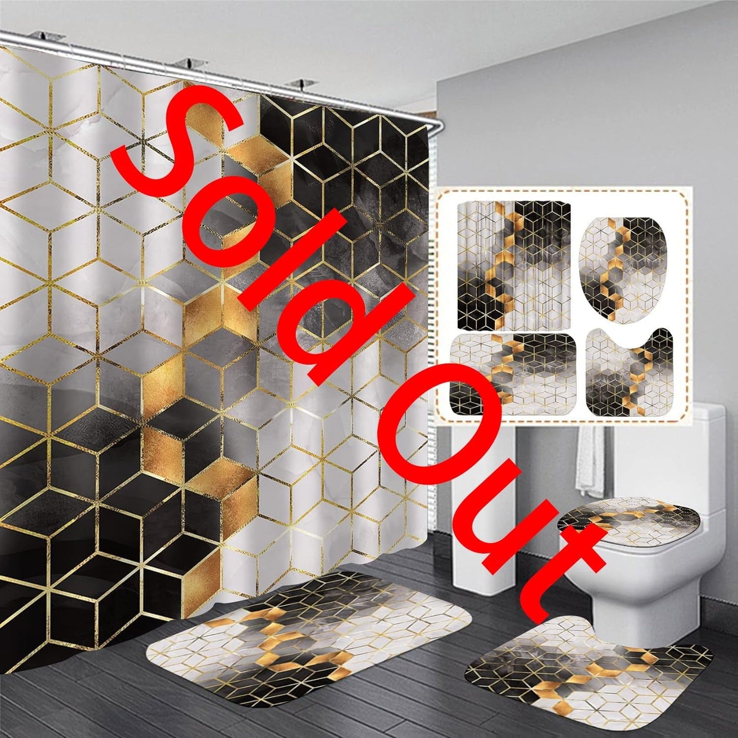 4Pcs Brown Gradient Shower Curtain Set, Modern Geometric Shower Curtain Set Golden Cubic Lines Bathroom Set Texture Art Bath Accessories with Mats