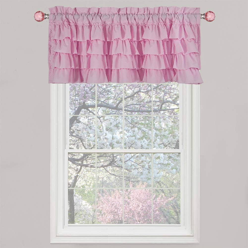 White Ruffle Kitchen Window Curtains-Small Windows Curtain for Bathroom, 45 Inch Length Sets Short Cafe Panels (Set of 2)  WestWeir Design Pink Valance 54"W X 18"L-2 Panels 