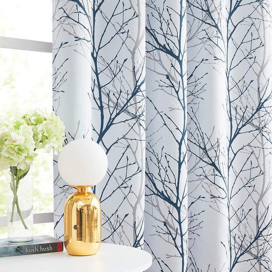 Blue White Blackout Curtains for Bedroom 63" Length Tonal Blue Grey Tree Branch Print Thermal Insulated Full Blackout Curtain Panels for Living Room Triple Weave Window Drapes 50"W 2Panels Grommet Top  Fmfunctex Blackout-Blue 50"W X 96"L 2Pcs 