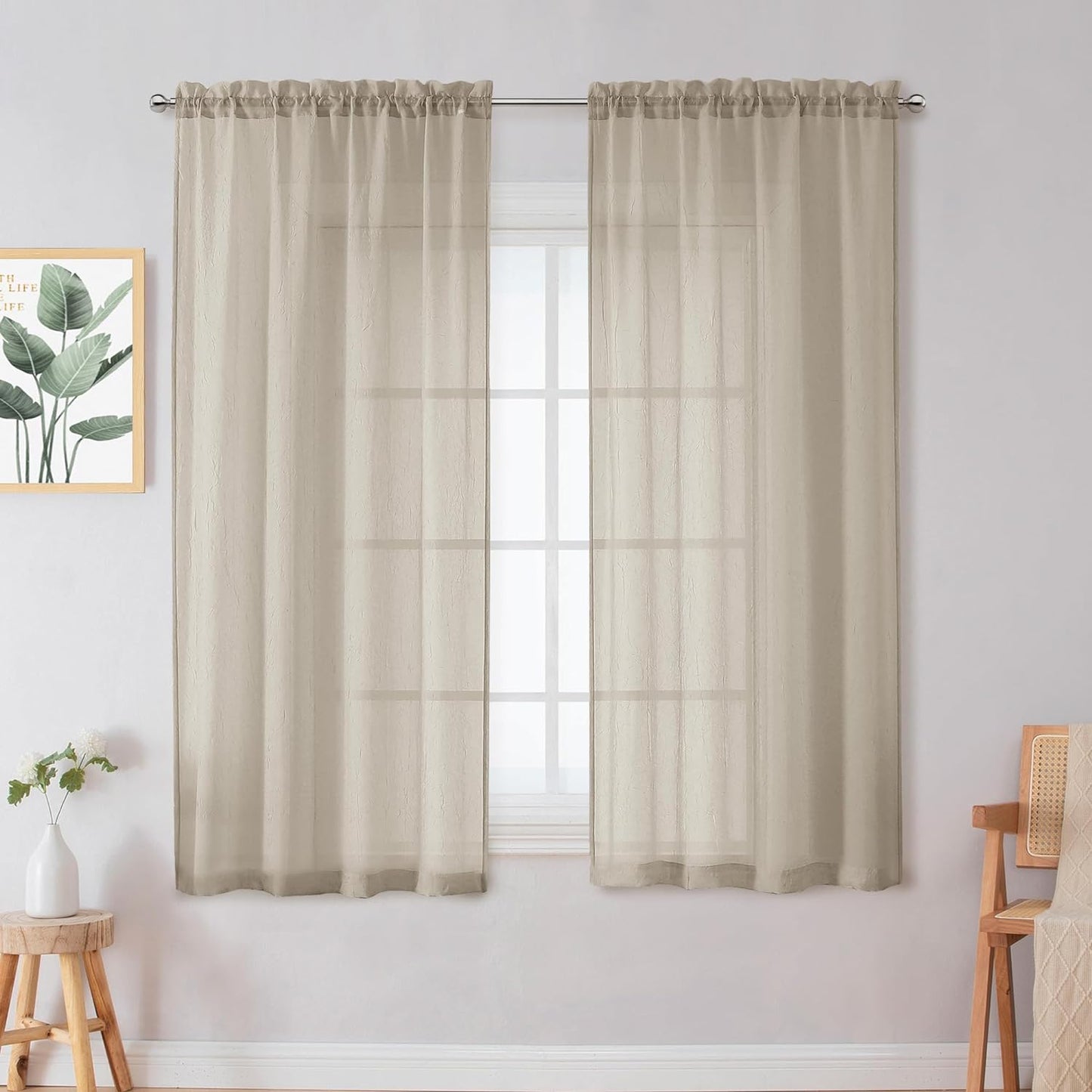 Chyhomenyc Crushed White Sheer Valances for Window 14 Inch Length 2 PCS, Crinkle Voile Short Kitchen Curtains with Dual Rod Pockets，Gauzy Bedroom Curtain Valance，Each 42Wx14L Inches  Chyhomenyc Taupe 42 W X 63 L 