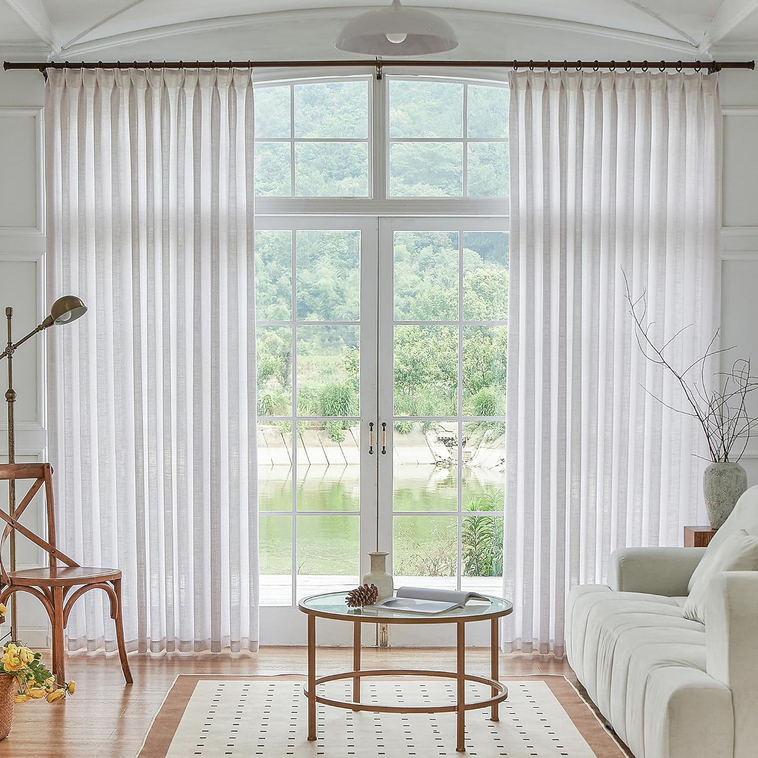 HUTO Semi Sheer Pinch Pleated Curtains 80 Inches Long for Living Room Dining Beige White Linen Textured Privacy Light Filtering Window Treatments Pinch Pleat Curtain Drapes for Bedroom, 54" W,1 Panel  HUTO 2 54"W X 84"L 