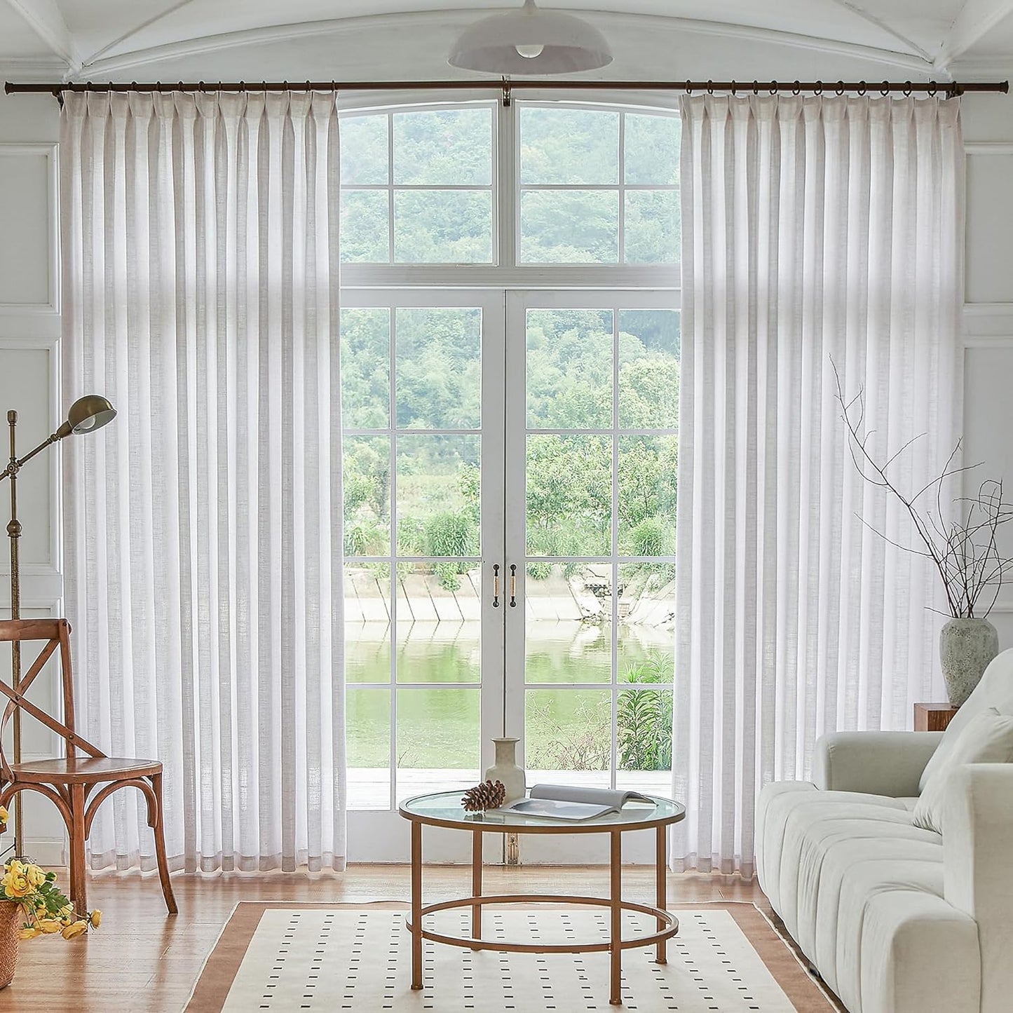 HUTO Extra Wide Pinch Pleated Semi Sheer Curtains, Privacy Light Filtering Beige White Linen Pinch Pleat Drapes 96 Inch Length for Patio Door Living Room Bedroom with Hooks (1 Panel, 100 W X 96 L)  HUTO 2 54"W X 90"L 