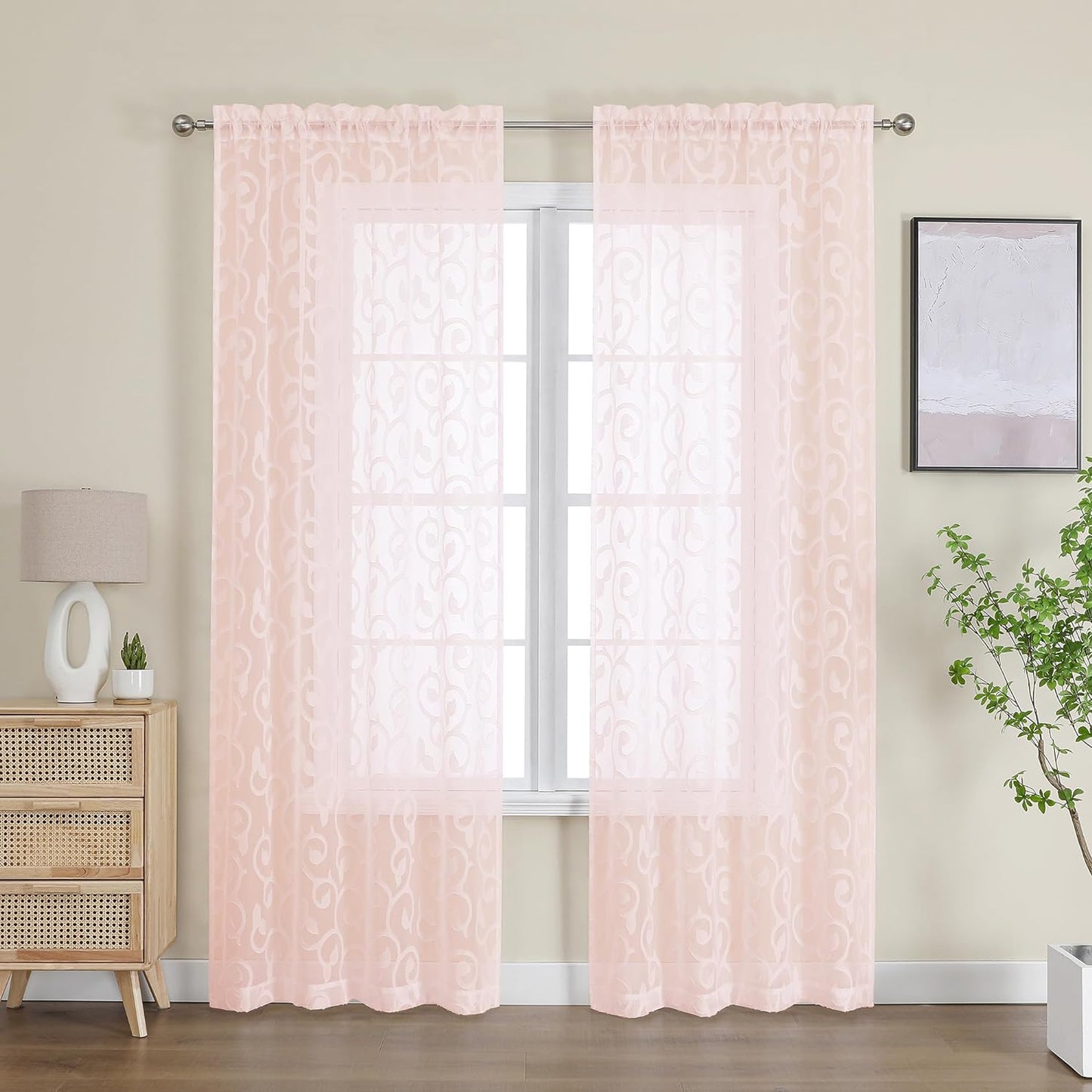 OWENIE Furman Sheer Curtains 84 Inches Long for Bedroom Living Room 2 Panels Set, Light Filtering Window Curtains, Semi Transparent Voile Top Dual Rod Pocket, Grey, 40Wx84L Inch, Total 84 Inches Width  OWENIE Blush 40W X 84L 