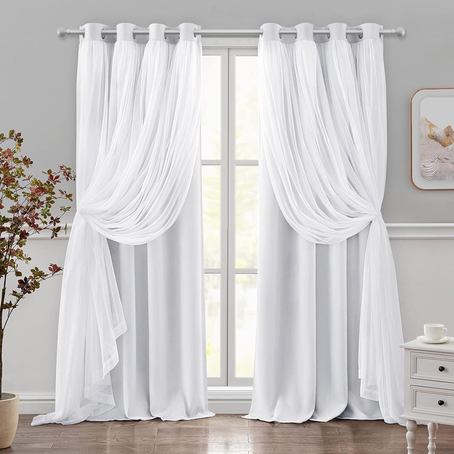 HOMEIDEAS Double Layer Curtains Light Grey Blackout Curtains 84 Inch Length 2 Panels Nursery Curtains for Girls Kids Bedroom Grommet Blackout Curtains with Sheer Overlay  HOMEIDEAS Greyish White 52" X 96" 