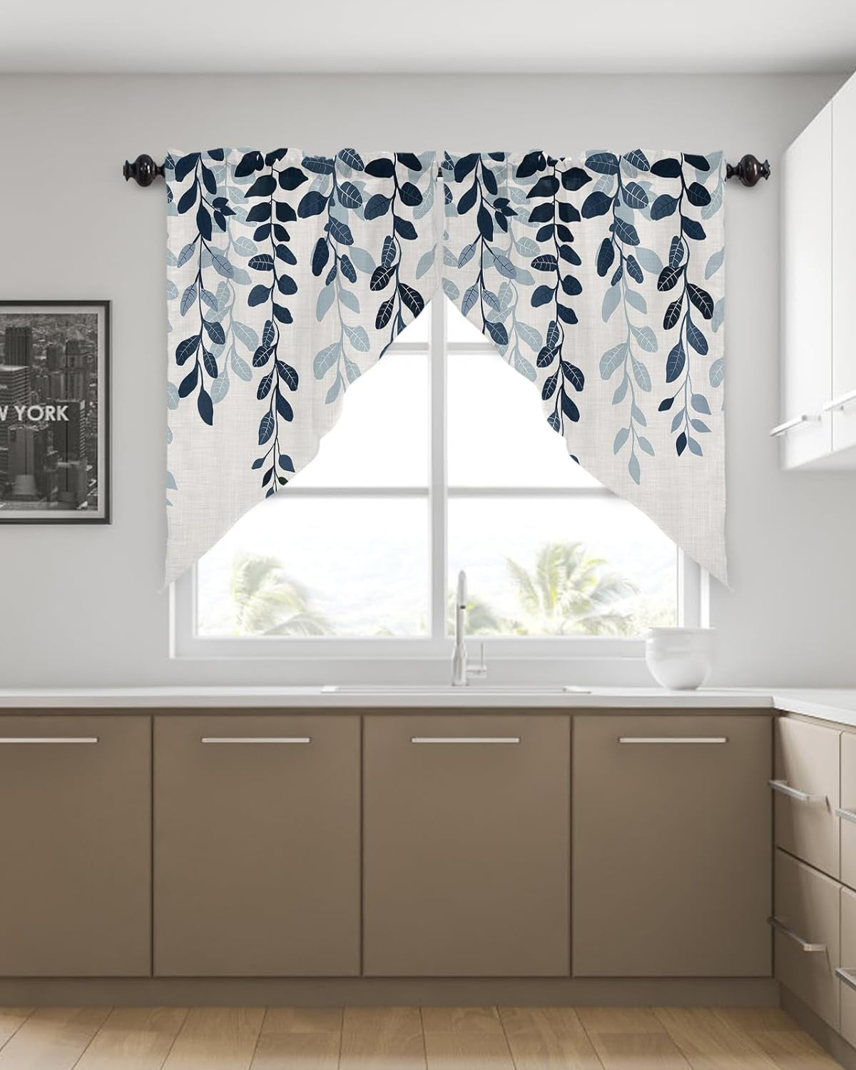 Blue Eucalyptus Swag Curtains for Living Room/Kitchen/Bedroom/Bathroom, Swag Valance Curtains Short Half Kitchen Topper Curtains Window Swag 2 Panels 36''X36'' Vintage Gradual Leaves Contemporary