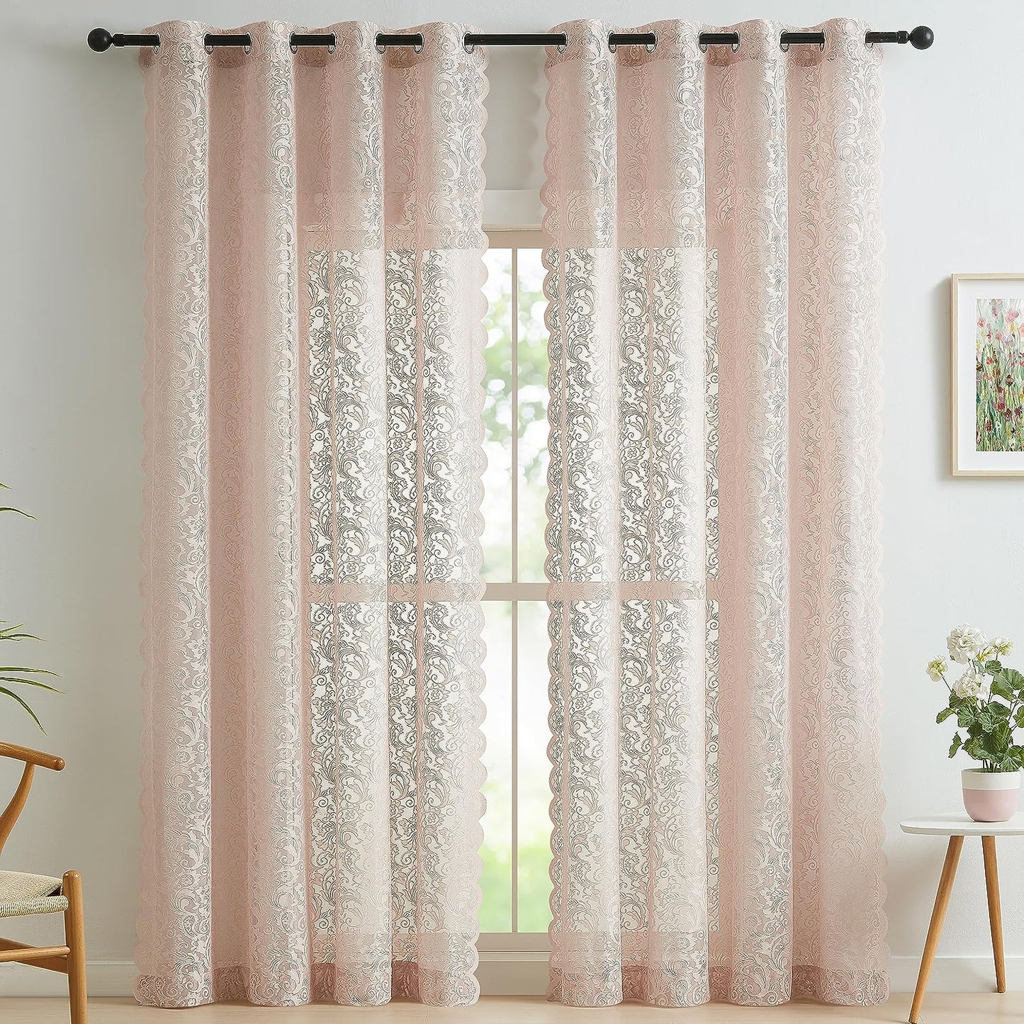 Black Sheer Lace Curtains 84 Inch Vintage Floral Sheer Gothic Curtain Panels for Living Room Bedroom Luxury Light Filtering Drapes Black Window Treatment Sets Rod Pocket 2 Panels 54" Wx84 L  Bujasso Grommet Pink 54"X84"X2 