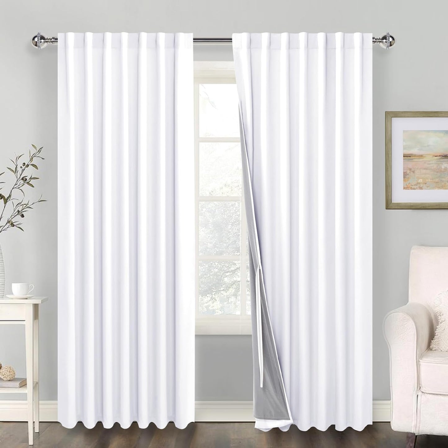 100% Blackout Curtains 2 Panels with Tiebacks- Heat and Full Light Blocking Window Treatment with Black Liner for Bedroom/Nursery, Rod Pocket & Back Tab，White, W52 X L84 Inches Long, Set of 2  XWZO White W60" X L84"|2 Panels 