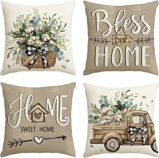 AVOIN Colorlife Bless Our Home Farmhouse Eucalyptus Leaves Throw Pillow Covers, 18 X 18 Inch Truck Home Sweet Home Cushion Case Decorations Set of 4