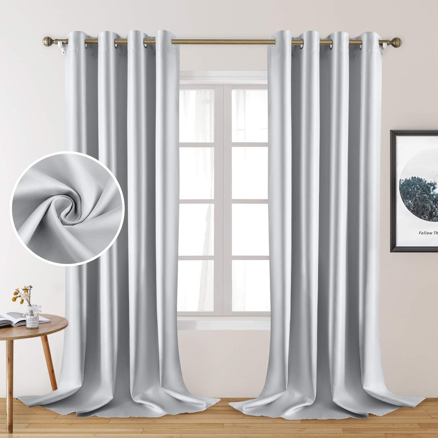 HOMEIDEAS Gold Blackout Curtains, Faux Silk for Bedroom 52 X 84 Inch Room Darkening Satin Thermal Insulated Drapes for Window, Indoor, Living Room, 2 Panels  HOMEIDEAS Greyish White 52" X 108" 