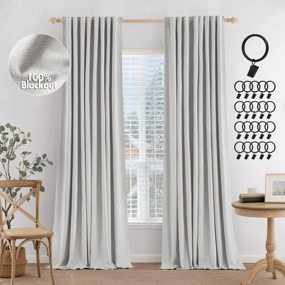 MIULEE 100% Blackout Curtains 90 Inches Long, Linen Curtains & Drapes for Bedroom Back Tab Black Out Window Treatments Thermal Insulated Room Darkening Rod Pocket, Oatmeal, 2 Panels  MIULEE Natural 52"W*120"L 