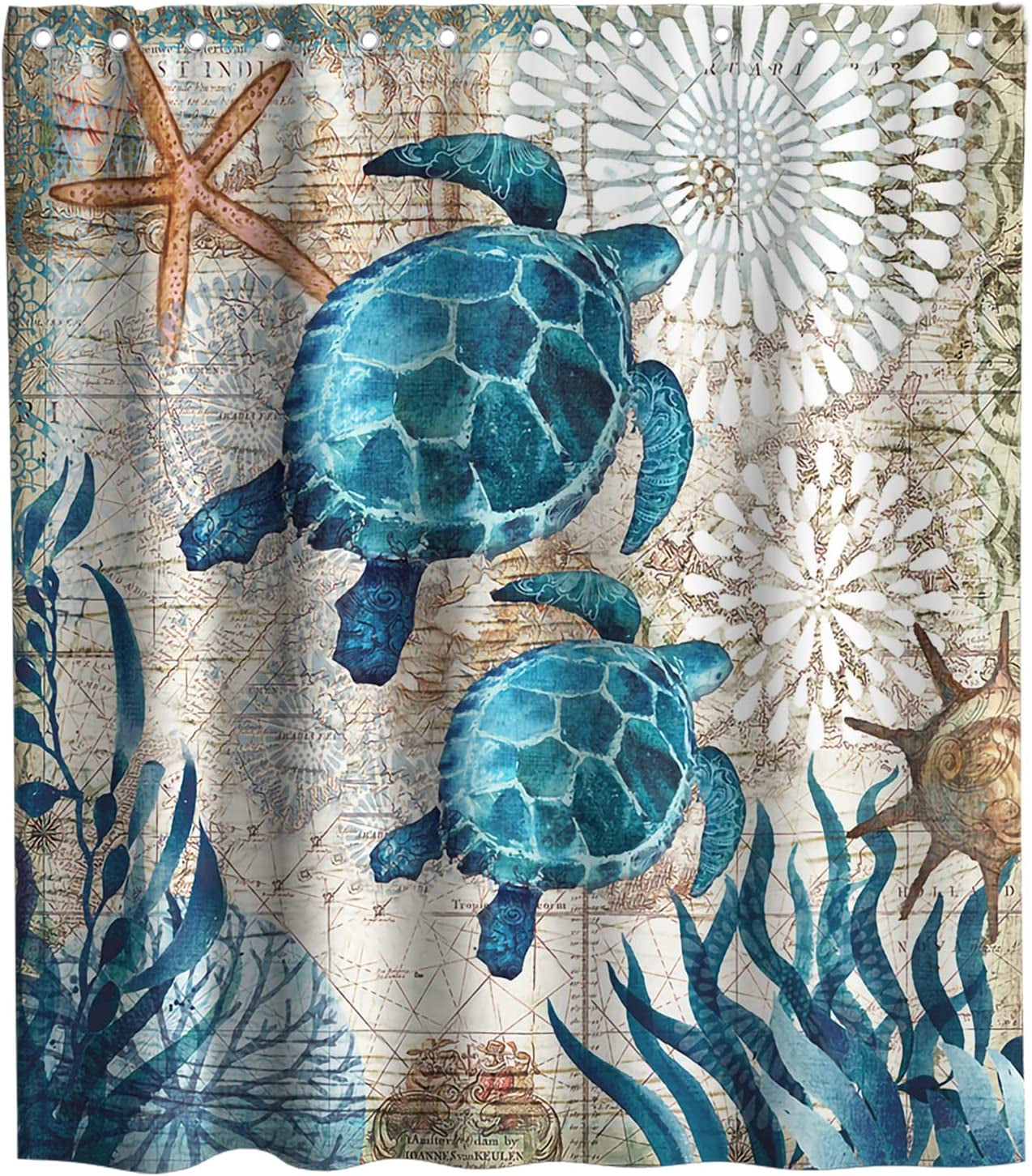 Nautical Green Sea Turtles Beach Theme Fabric Shower Curtain Sets Bathroom Blue Ocean Decor with Grommets and Hooks - 72 X 72 Inch Teal