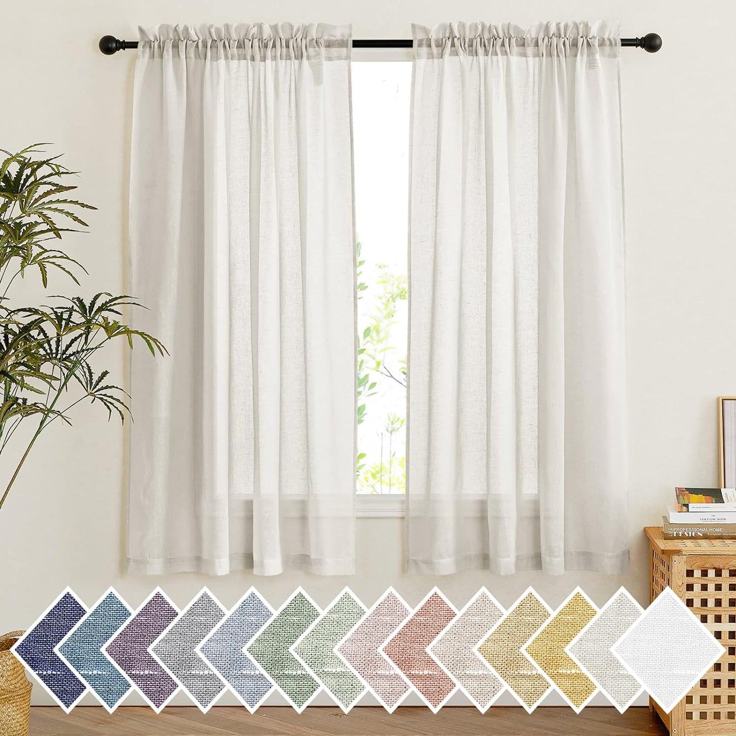 NICETOWN Semi Sheer White Curtains 84 Inch Long, Rod Pocket Sheer Linen Curtains & Drapes Balance Privacy & Light Panels for Bedroom/Living Room, W52 X L84, 2 Panels  NICETOWN Natural W52 X L63 