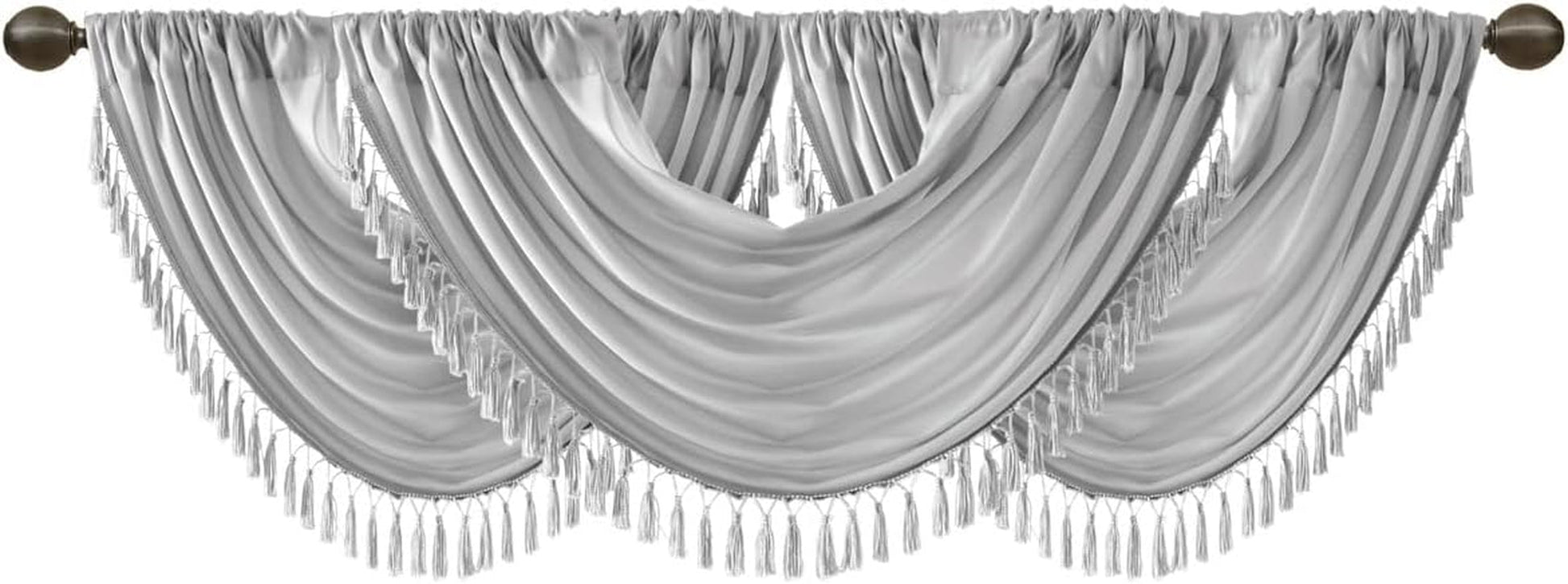 Madison Park Elena Faux Silk Watarfall with Tassel Trim Embelished Curtain Window Valance, Rod Pocket Fits up to 1.25" Diameter, Machine Washable, 38X46, Silver