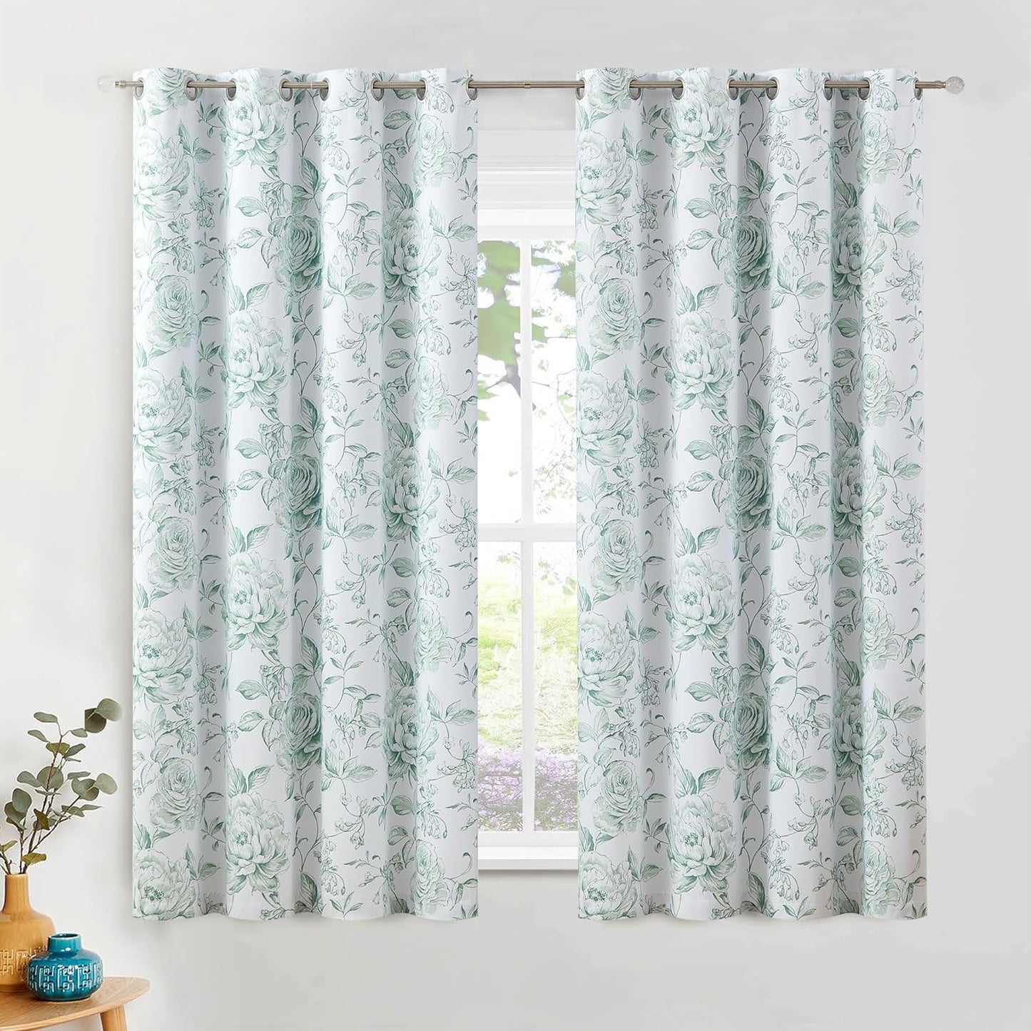 Beauoop Full Blackout Window Curtain Panels Floral Botanical Print Room Darkening Thermal Insulated Drapes Rose Grommet Window Treatment for Bedroom Theatre Office, 52 X 63 Inch, White/Blue, 2 Panels  Beauoop Green 50"X63"X2 