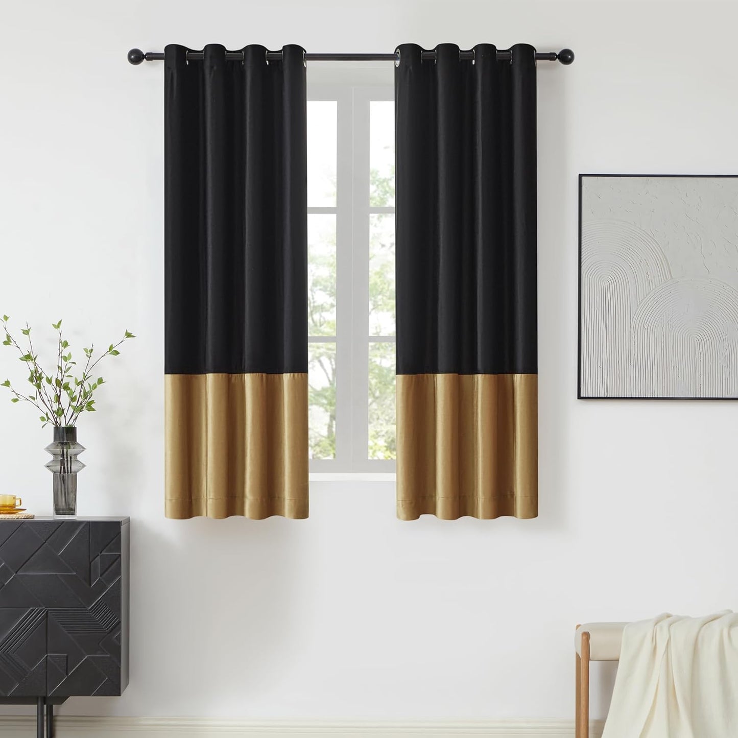 BULBUL Color Block Window Curtains Panels 84 Inches Long Cream Ivory Gold Velvet Farmhouse Drapes for Bedroom Living Room Darkening Treatment with Grommet Set of 2  BULBUL Black  Gold 52"W X 63"L 