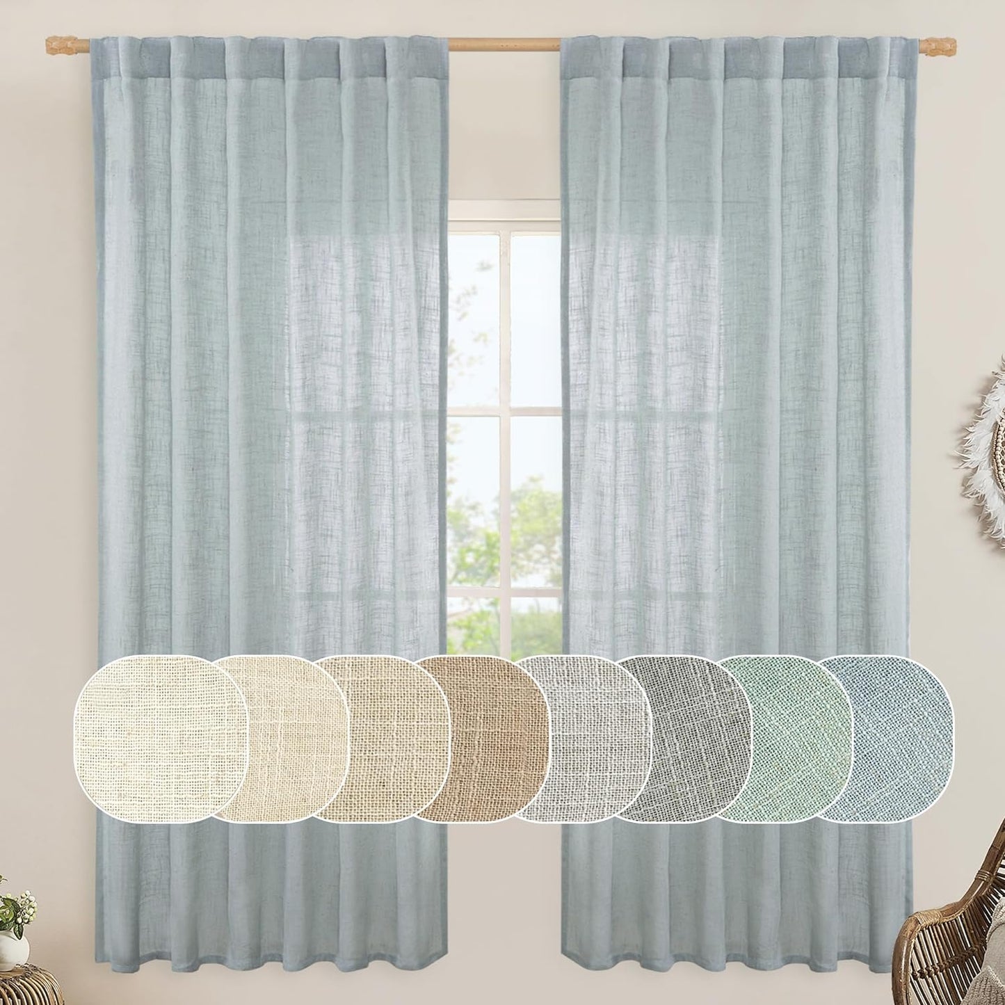 LAMIT Natural Linen Blended Curtains for Living Room, Back Tab and Rod Pocket Semi Sheer Curtains Light Filtering Country Rustic Drapes for Bedroom/Farmhouse, 2 Panels,52 X 108 Inch, Linen  LAMIT Greyish Blue 52W X 72L 