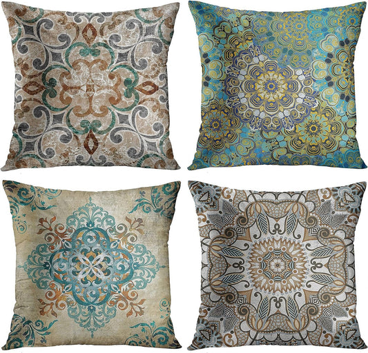 Emvency Set of 4 Throw Pillow Covers Vintage Abstract Boho Brown Green Teal and Grey Plant Leaf Floral Decorative Pillow Cases Home Decor Standard Square 18X18 Inches Pillowcases