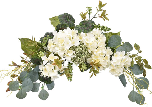 Artificial Swag Hydrangea Flower 28 Inch, White Spring Decorative Swags with Green Leaves for Home Room Front Door Wedding Arch Garden Party Tabletop Wall Decor