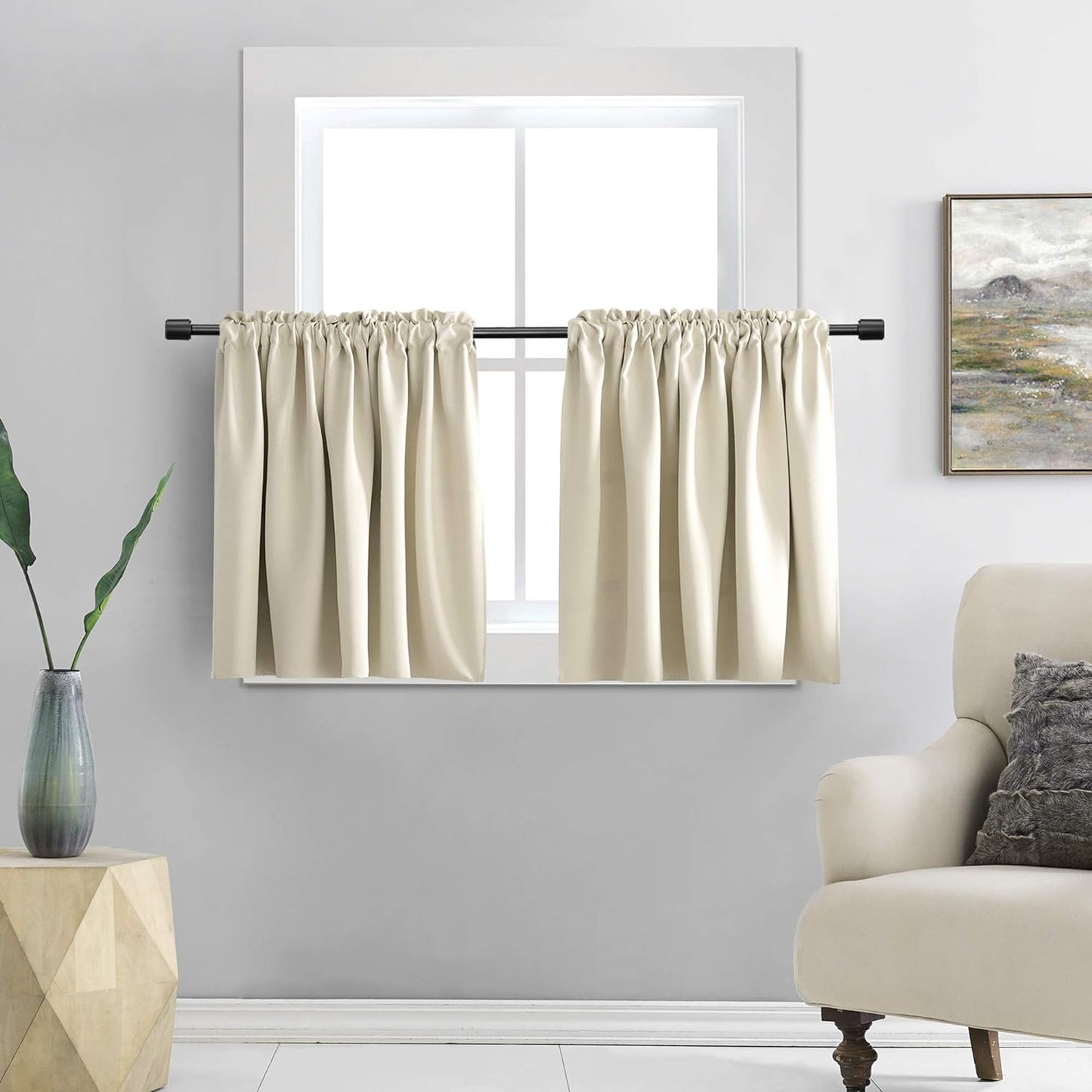 DONREN 24 Inch Length Curtains- 2 Panels Blackout Thermal Insulating Small Curtain Tiers for Bathroom with Rod Pocket (Black,42 Inch Width)  DONREN Cream Beige 42" X 30" 