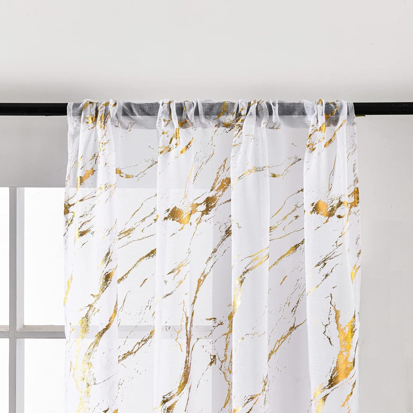Sutuo Home Marble White Sheer Curtains 84 Inch Length, Gold Foil Print Metallic Bronzing, Privacy Window Treatment Decor Abstract Drape Pair 2 Panels Set for Bedroom Kitchen Living Room 52" W X 84" L  Sutuo Home   
