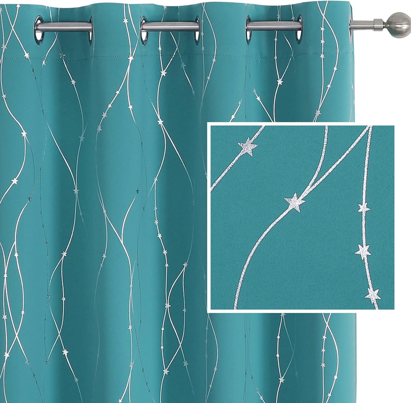 SMILE WEAVER Black Blackout Curtains for Bedroom 72 Inch Long 2 Panels,Room Darkening Curtain with Gold Print Design Noise Reducing Thermal Insulated Window Treatment Drapes for Living Room  SMILE WEAVER Teal Green Silver 52Wx45L 