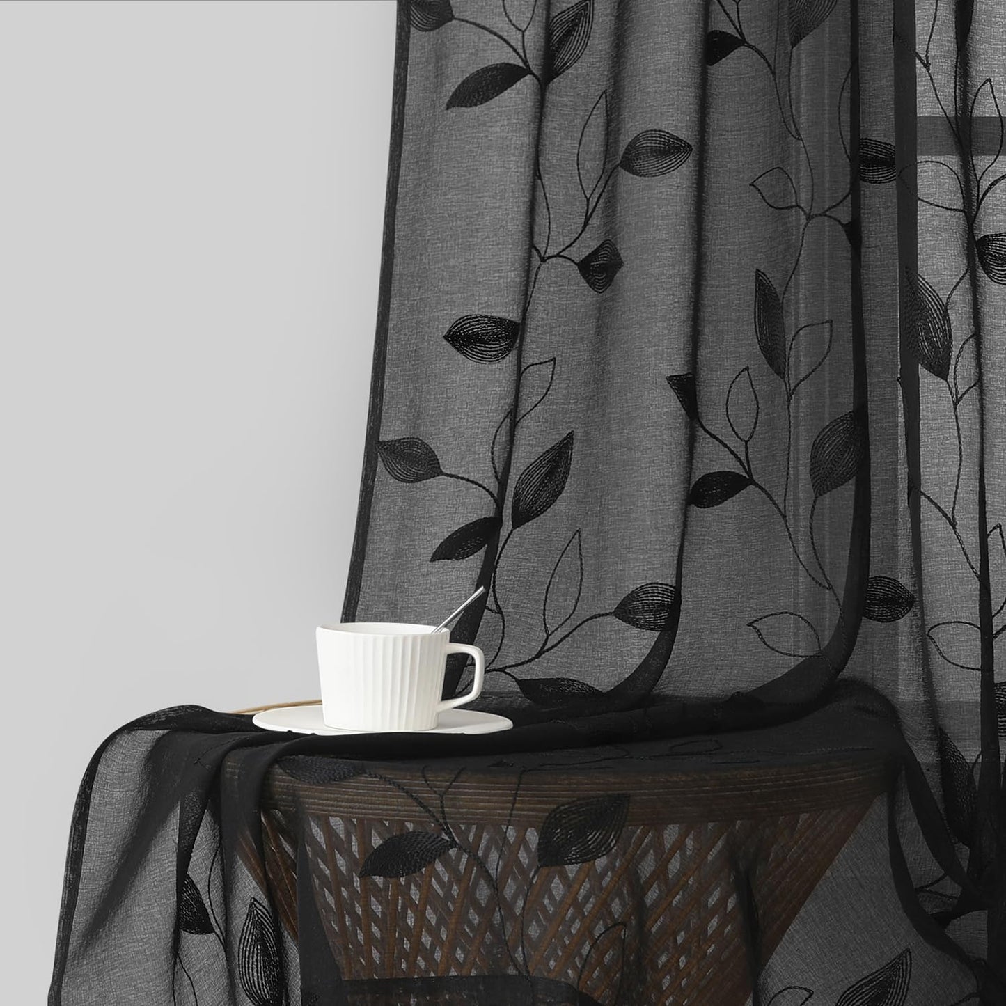 HOMEIDEAS Sage Green Sheer Curtains 52 X 63 Inches Length 2 Panels Embroidered Leaf Pattern Pocket Faux Linen Floral Semi Sheer Voile Window Curtains/Drapes for Bedroom Living Room  HOMEIDEAS Black W52" X L96" 