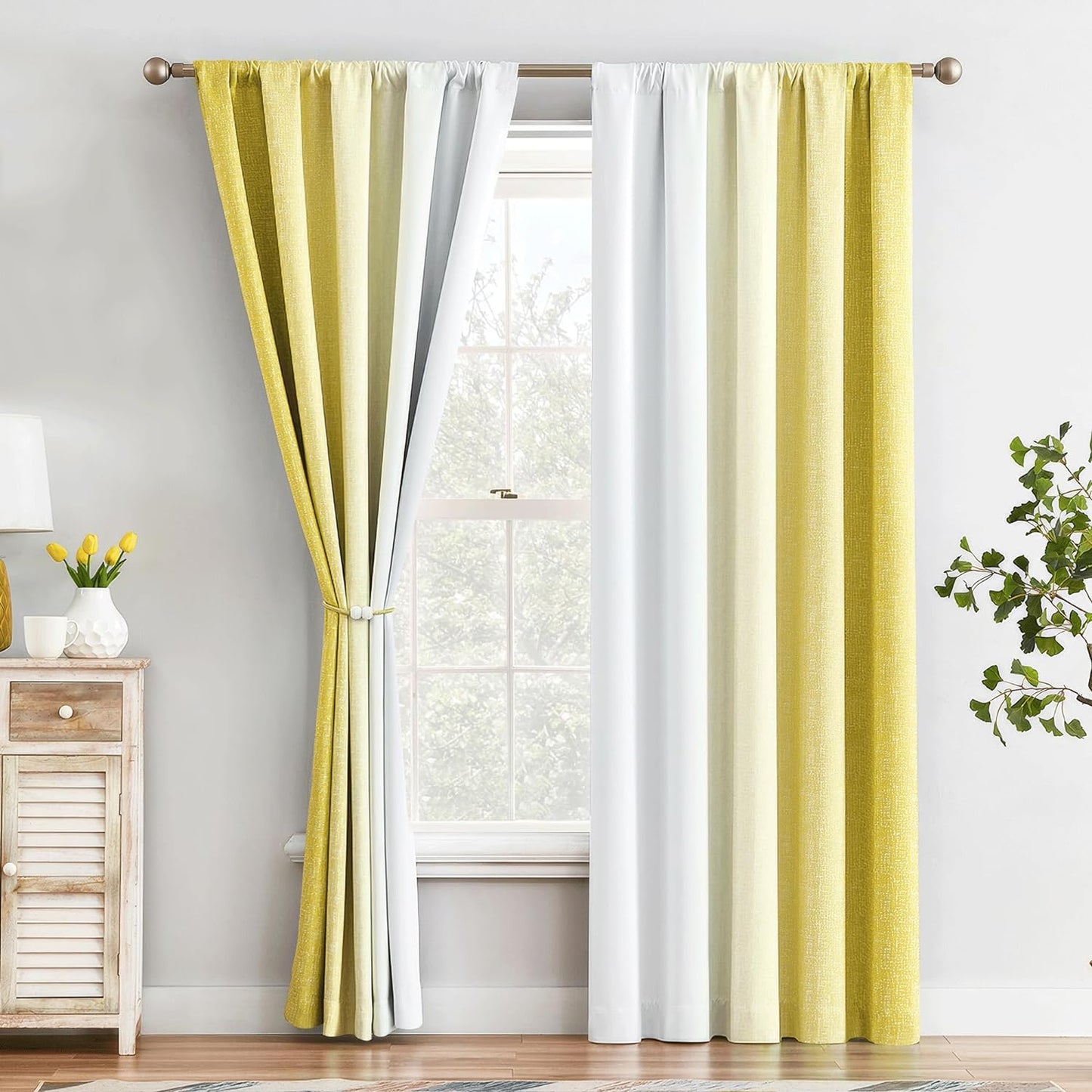 Geomoroccan Ombre 100% Blackout Curtains 84 Inches Long, Pink and White 2 Tone Reversible Window Treatments for Bedroom Living Room, Linen Gradient Print Rod Pocket Drapes 52" W 2 Panel Sets  Geomoroccan Yellow 52"X95"X2 