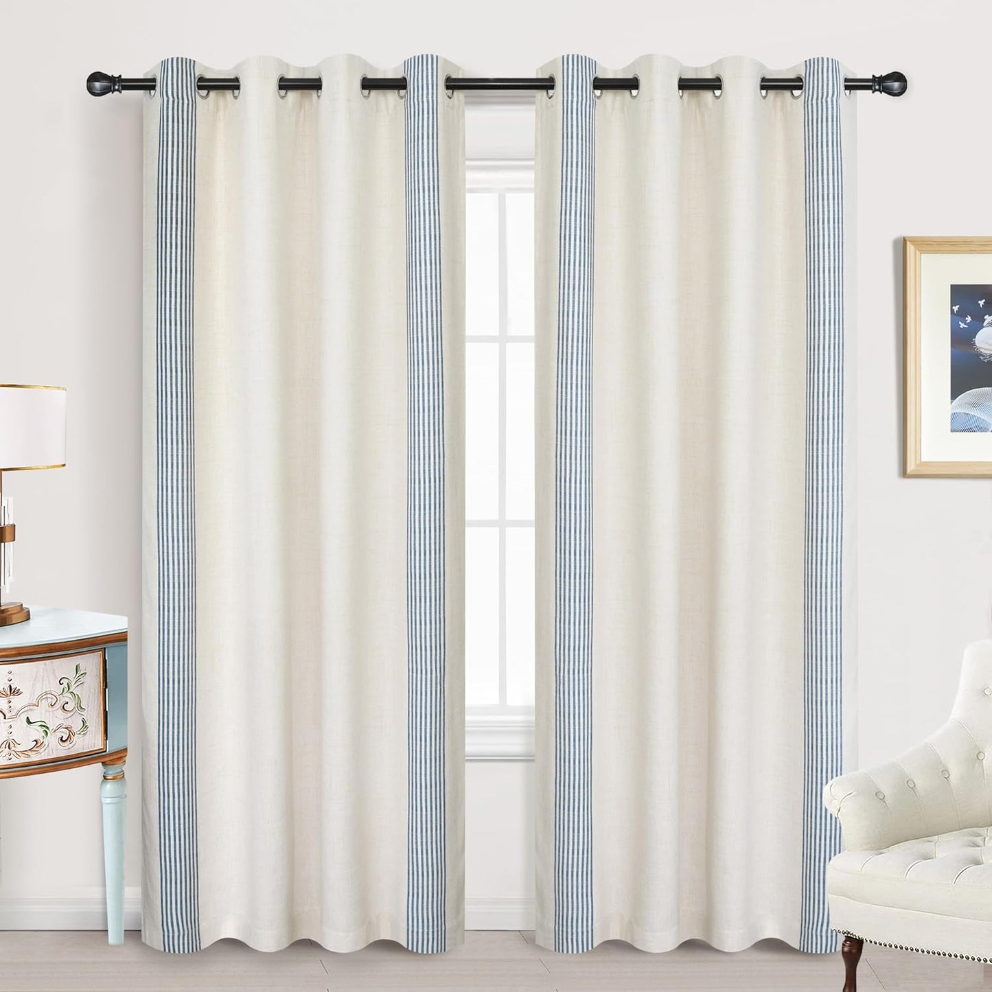 Driftaway Chris Vertical Striped Pattern Linen Blend Lined Thermal Insulated Blackout and Room Darkening Grommet Linen Curtains for Farmhouse Printed 2 Panels 52 Inch by 96 Inch Jean Navy Curtain  DriftAway Cabana Denim Stripe 52"X84" 