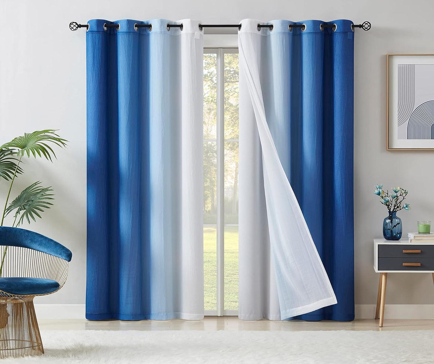 Mix and Match Blackout Curtains - Bedroom Solid Black Full Blackout Window Panels & Black Chiffon Sheer Curtains Thermal Insulated Drapes for Living Room, Grommet, 52" W X 63" L, Set of 4  Purainbow Blue/White 52" X 63" 