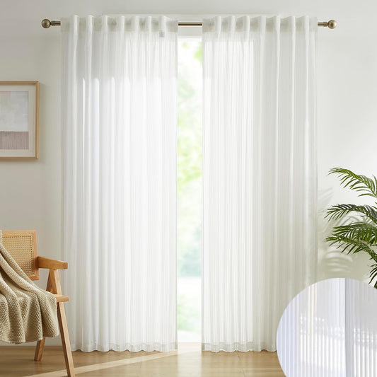 Beauoop Striped Sheer Window Curtain Panels for Living Room Bedroom 108 Inch Long Light Filtering Sheer Voile Drapes Chiffon Back Tab Rod Pocket Pleat Taped Window Treatment Set, 2 Panels, 52"W, White  Beauoop White 52"X96"X2 