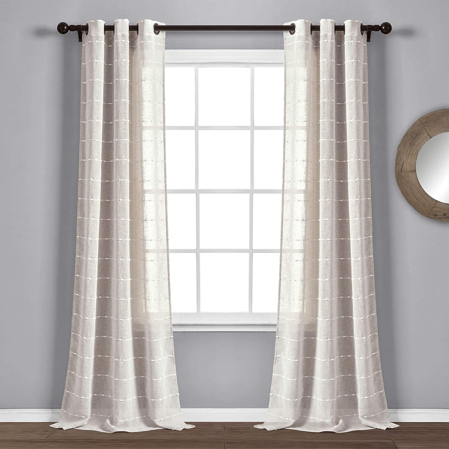 Lush Decor Farmhouse Textured Grommet Sheer Window Curtain Panel Pair, 38"W X 95"L, Gray  Triangle Home Fashions Beige Grommet Pair 38"W X 84"L