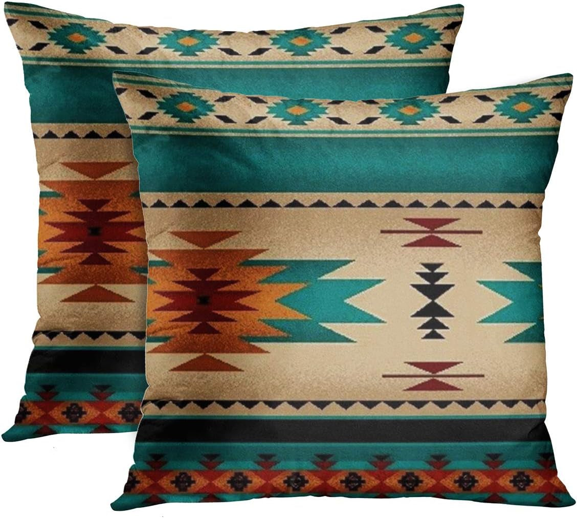Emvency Set of 2 Throw Pillow Cover Tribal Fabric Print Turquoise Blue Hue Decorative Pillow Case Western Home Decor Square 20 X 20 Inch Cushion Pillowcase